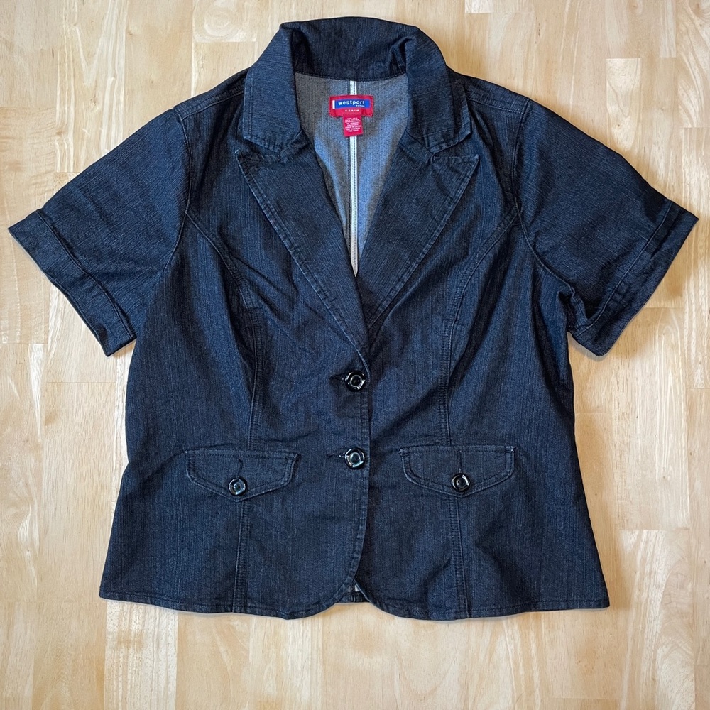 Westport Woman Denim Short Sleeve Denim Blazer - Dark Wash Blue